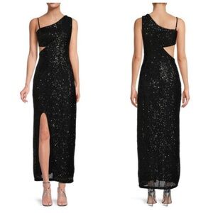 NWT Rachel Roy Phoenix One Shoulder Maxi Sequin Side Cutout Black Dress Large
